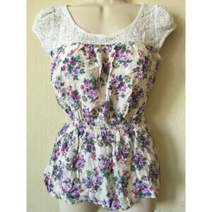 Sound & Matter Floral Crochet Lace Scoop Cap Sleeve Shirred Waist Blouse Size S